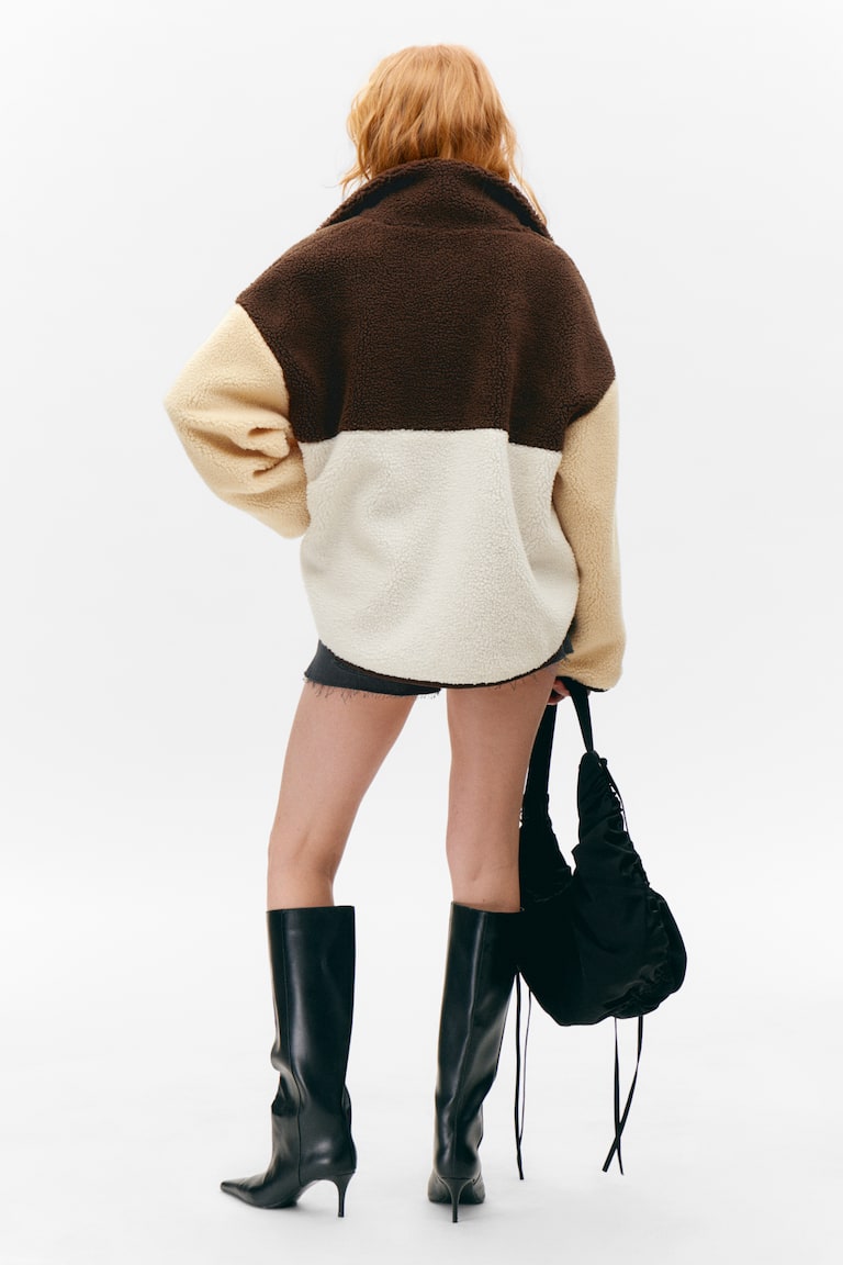 H&M Chaqueta Holgada De Forro Polar Con Cremallera - Marrón/Blanco/Amarillo - MUJER