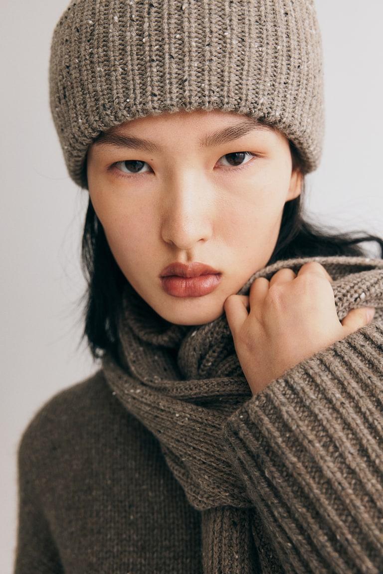 H&M Gorro Beanie En Punto De Canalé - Beige Grisáceo/Neps - MUJER