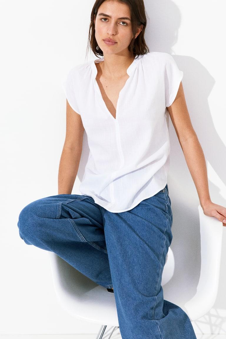 H&M Blusa Con Cuello Mao - Azul/Rayas Blancas - MUJER