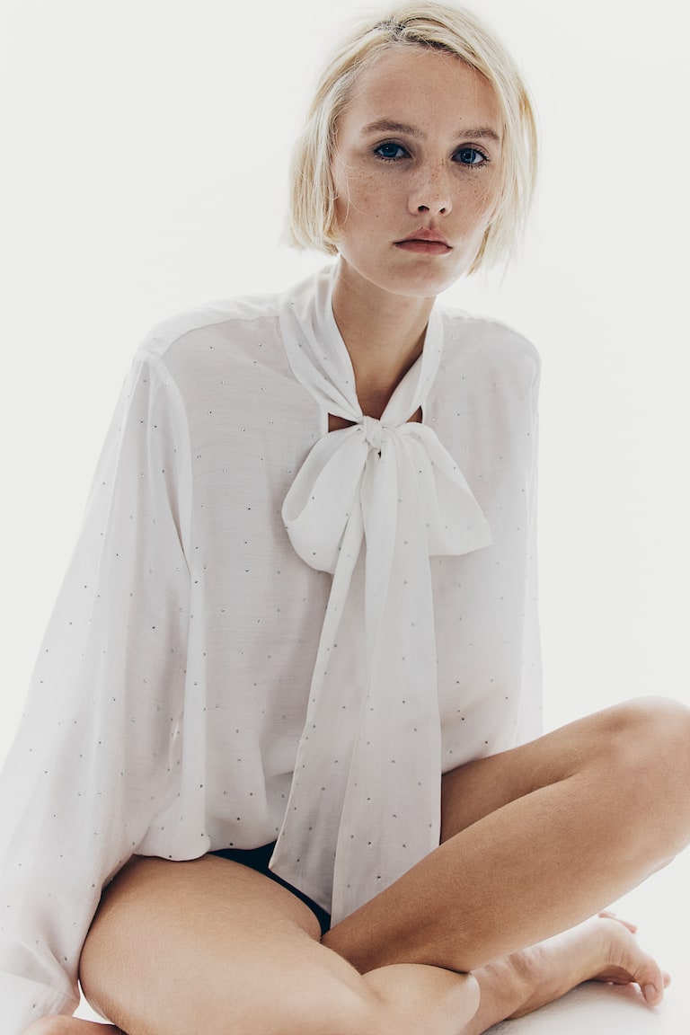 H&M Blusa Con Lazada Y Strass - Blanco - MUJER