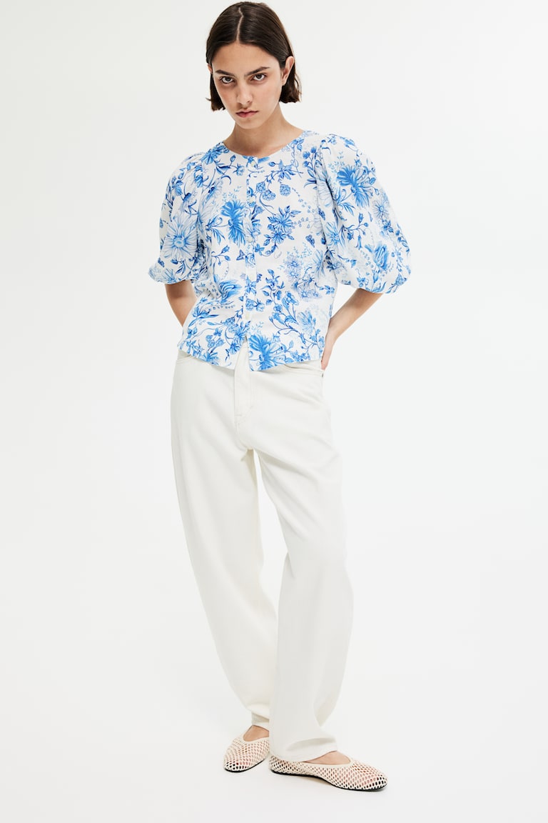 H&M Blusa En Mezcla De Lino - Blanco/Floral - MUJER