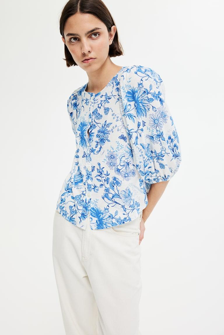 H&M Blusa en mezcla de lino - Blanco/Floral - MUJER