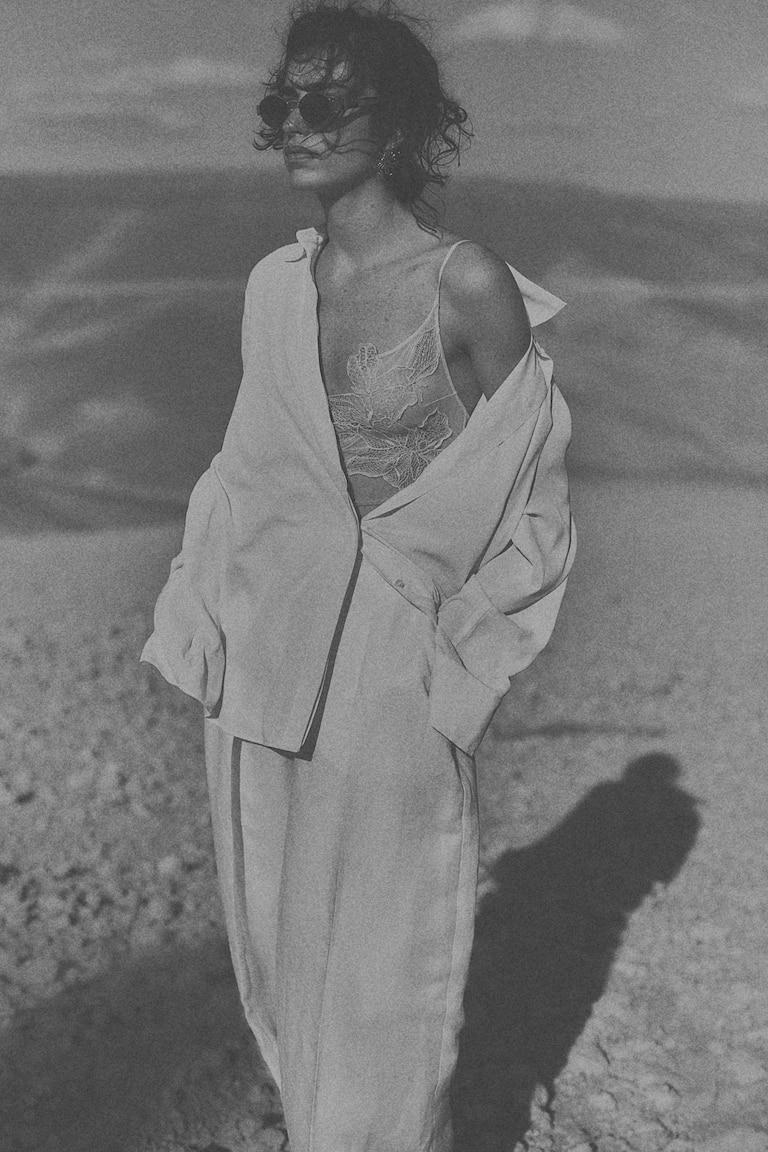 H&M Camisa De Crepé - Blanco/Rayas Marrón - MUJER