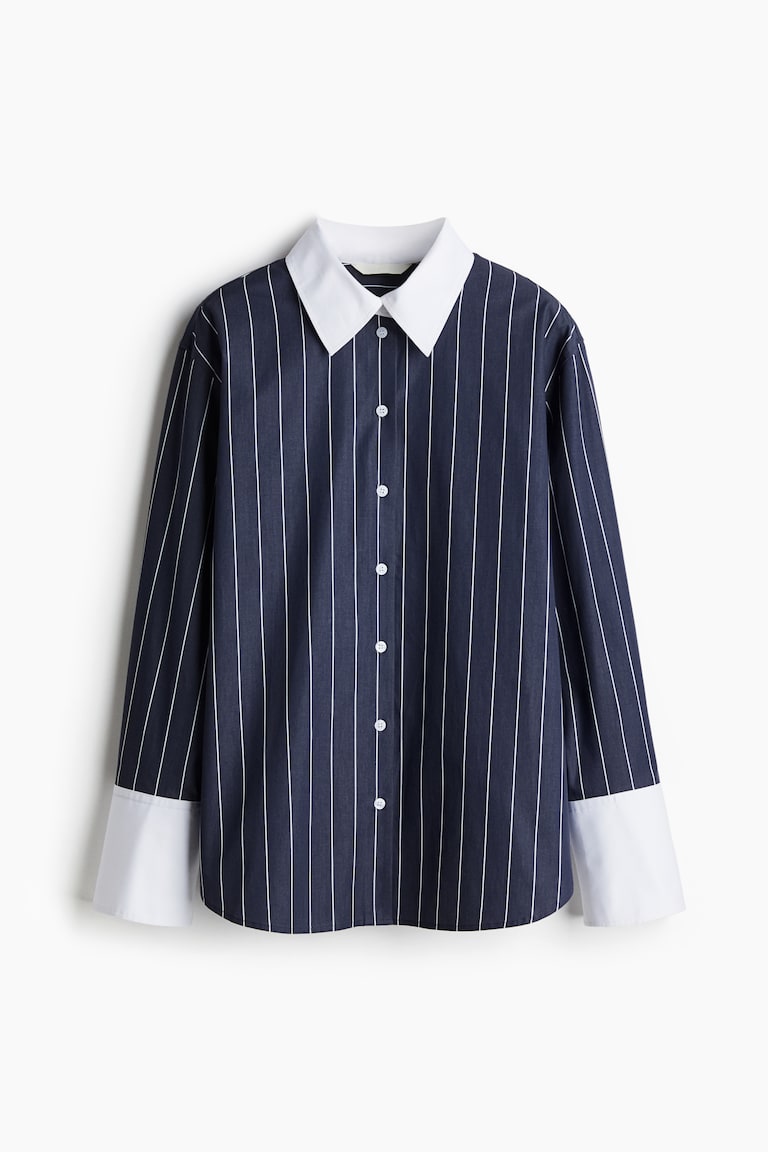 H&M Camisa De Popelina - Azul Marino/Rayas - MUJER