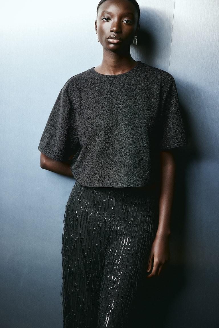 H&M Camiseta corta - Negro/Brillante - MUJER