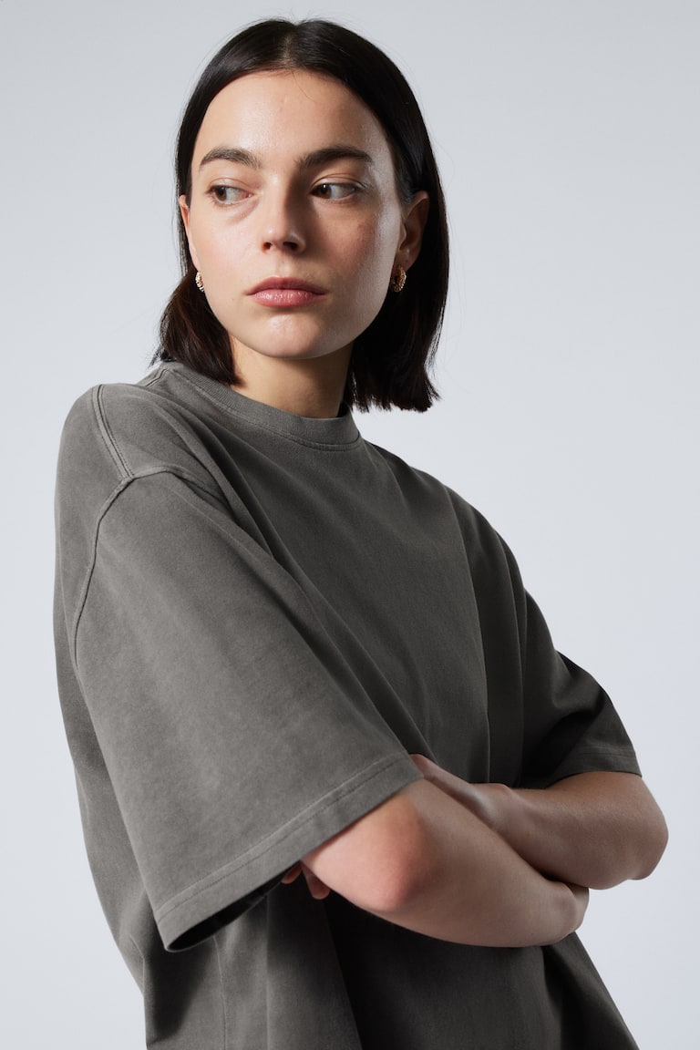 H&M Camiseta Oversize Gruesa - Negro Lavado - MUJER