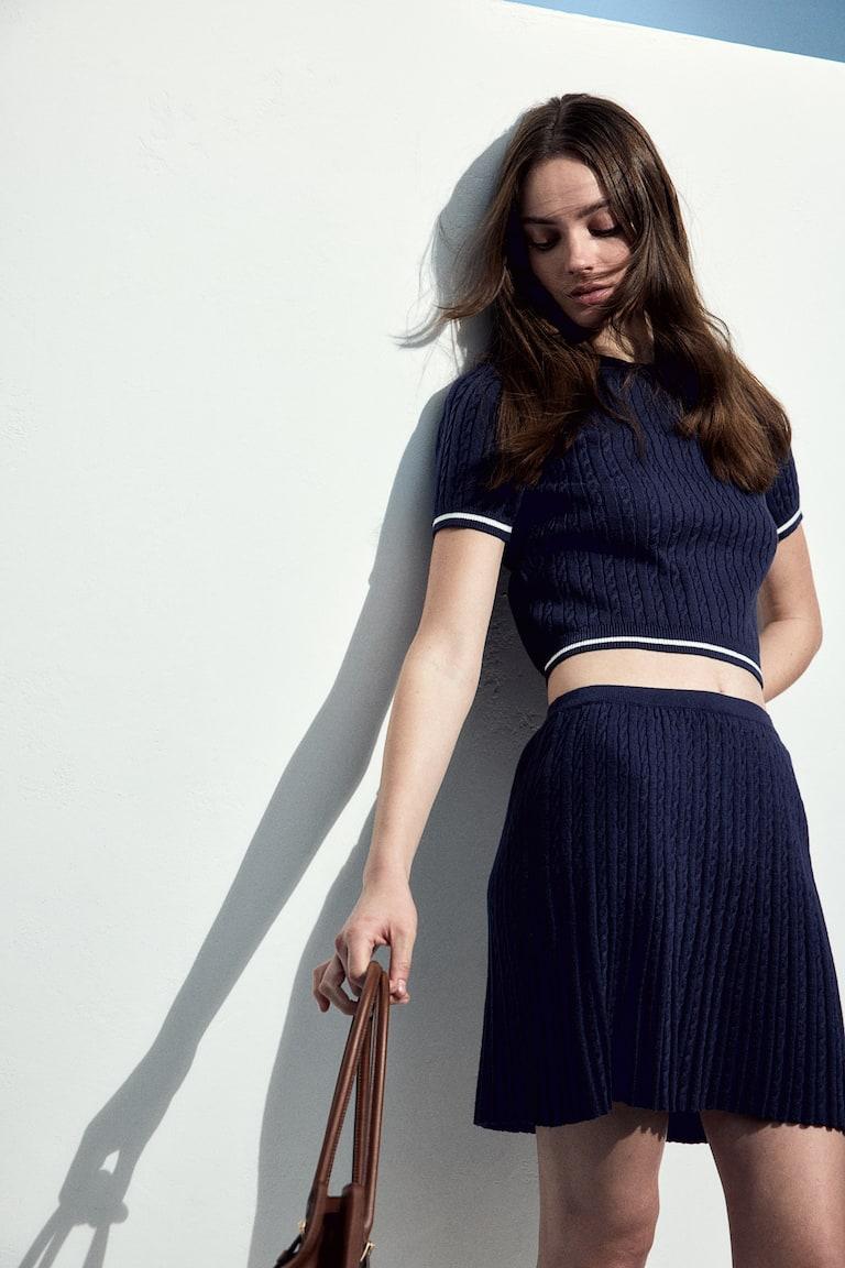 H&M Falda En Punto Trenzado - Azul Marino - MUJER