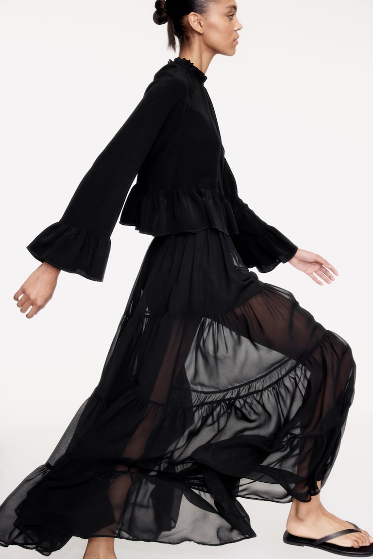 H&M Maxifalda Escalonada - Marrón Oscuro - MUJER