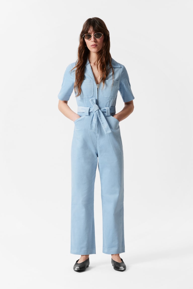 H&M Mono de pana con cinturón - Azul claro - MUJER
