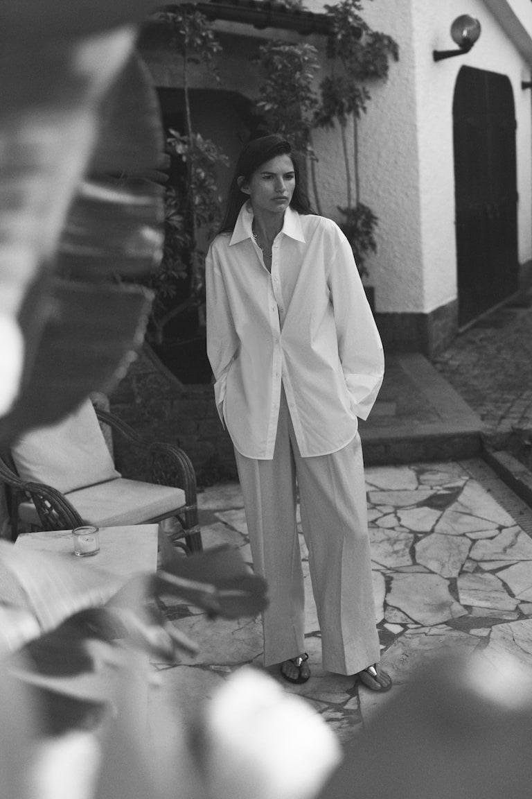 H&M Pantalón Amplio Con Cinturón - Blanco - MUJER