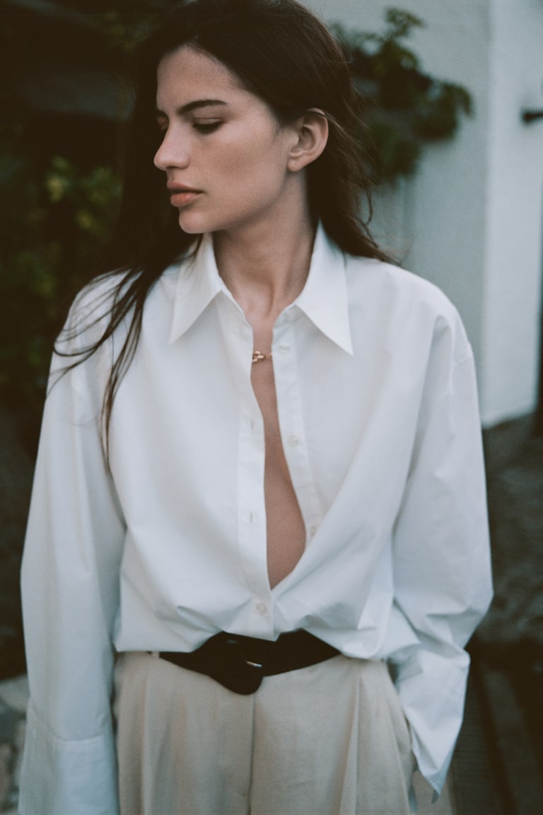 H&M Pantalón Amplio Con Cinturón - Blanco - MUJER