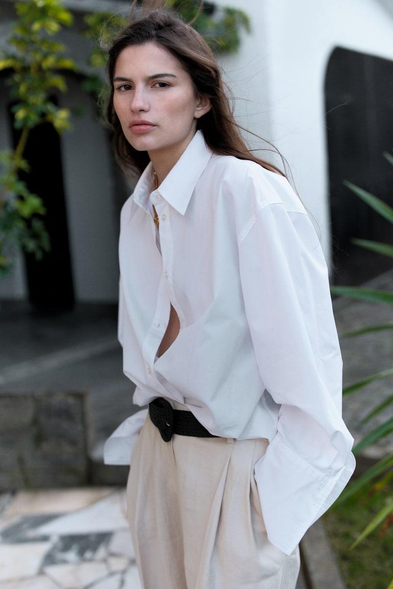 H&M Pantalón amplio con cinturón - Blanco - MUJER