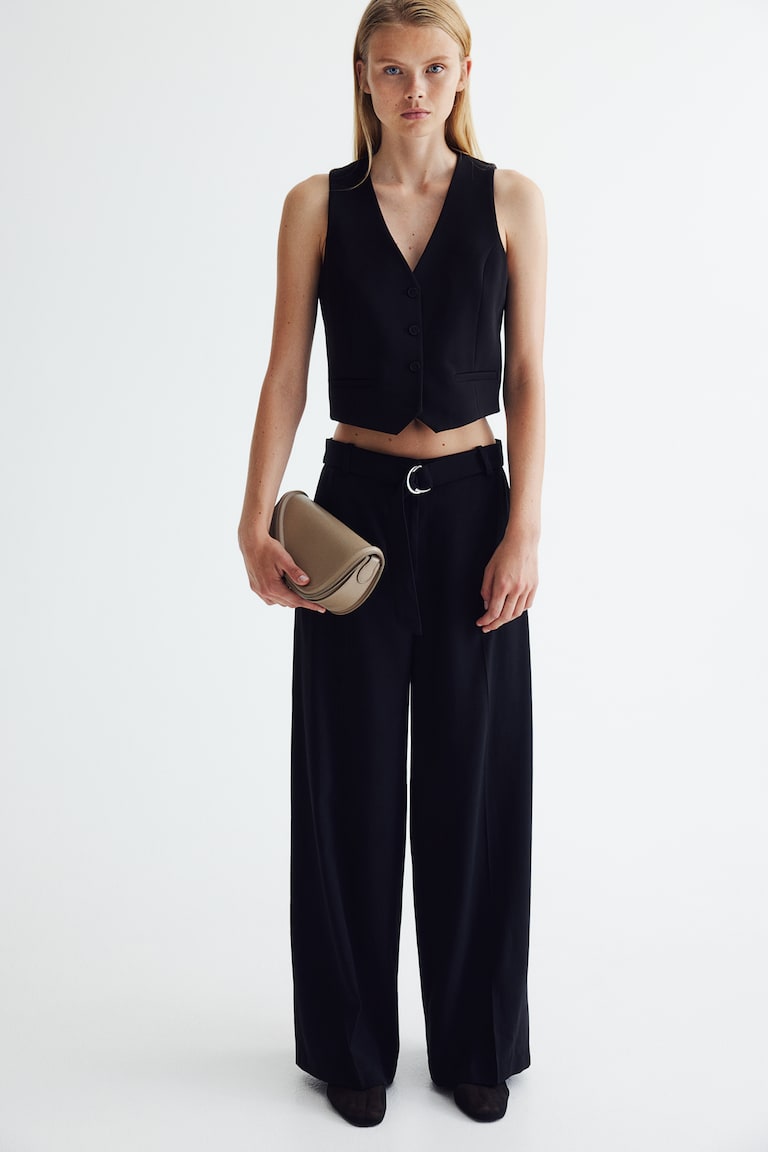 H&M Pantalón Amplio Con Cinturón - Crema - MUJER