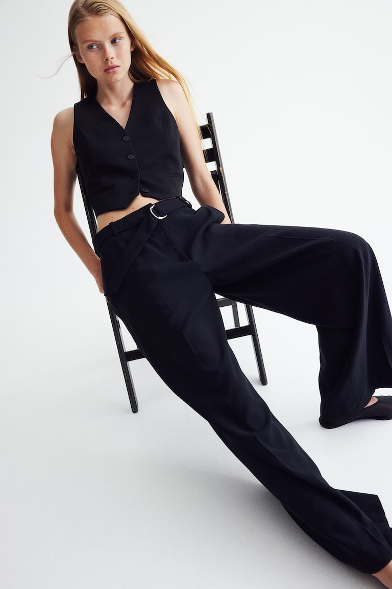 H&M Pantalón amplio con cinturón - Negro - MUJER