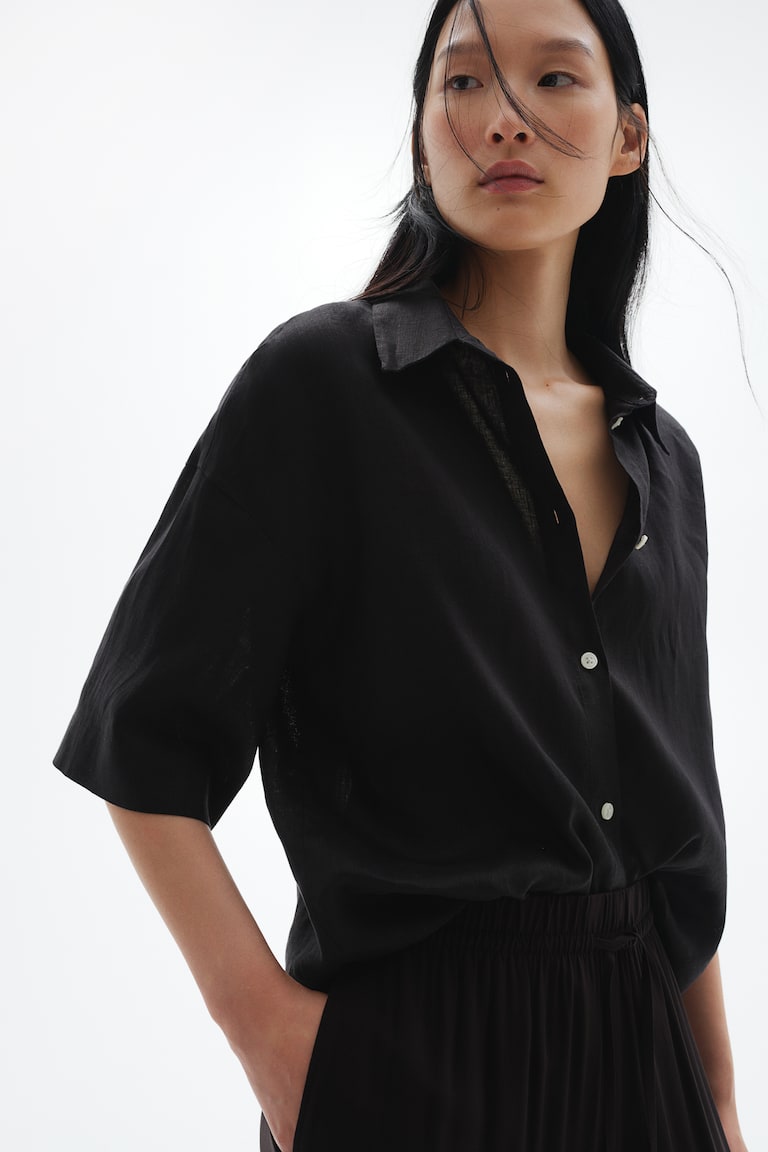 H&M Pantalón Amplio Sin Cierre - Negro - MUJER