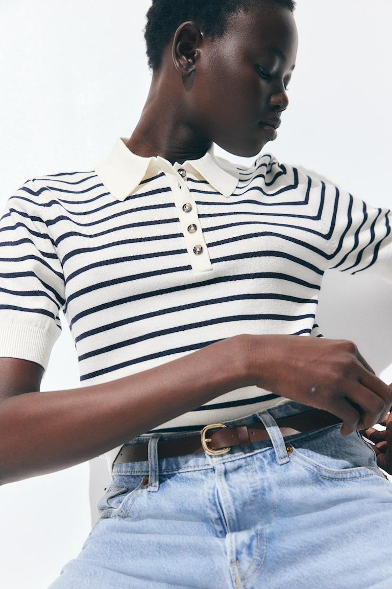 H&M Polo de punto fino - Crema/Rayas - MUJER