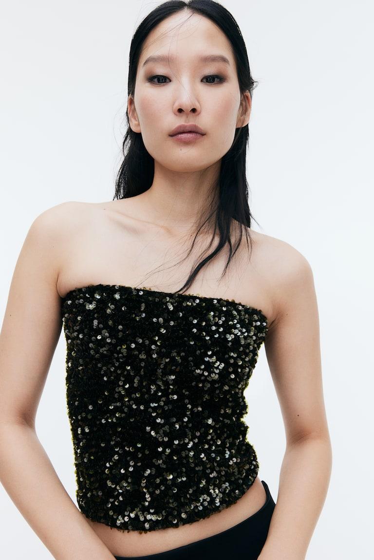 H&M Top bandeau de lentejuelas - Verde oscuro - MUJER