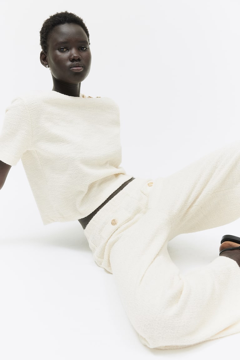 H&M Top corto en bouclé - Negro/Cuadros - MUJER