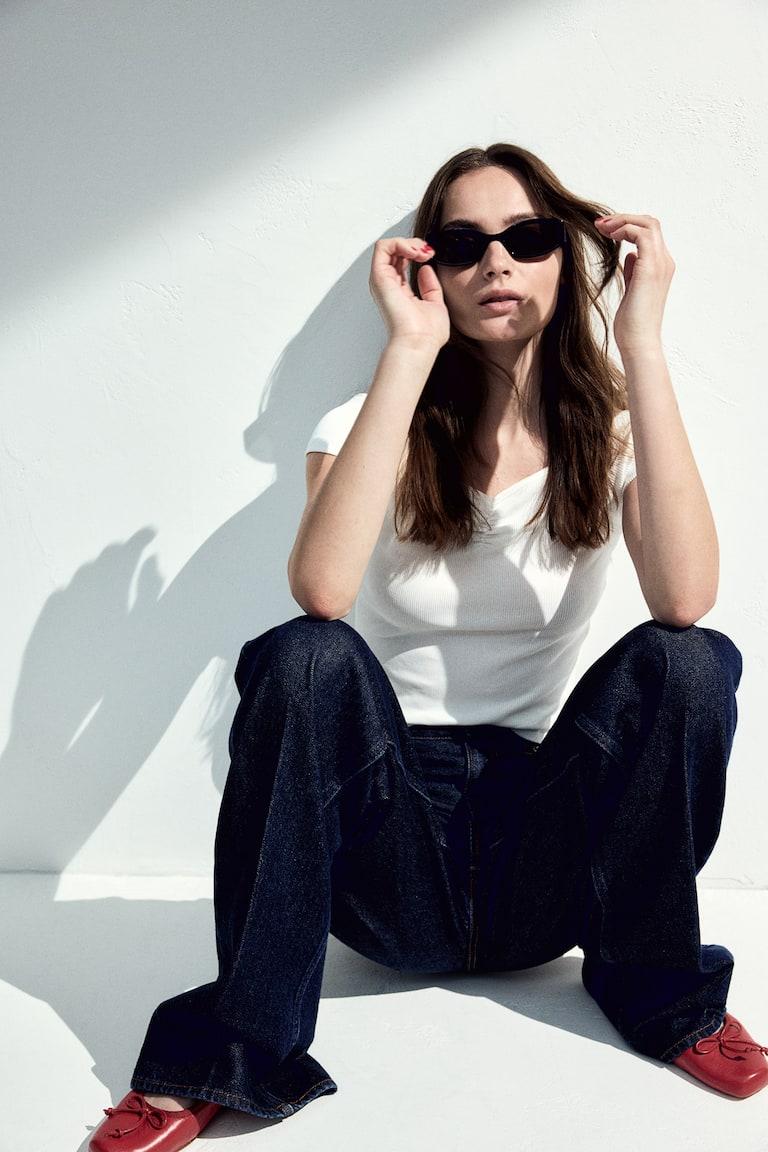 H&M Top De Canalé Con Escote Barco - Crema - MUJER