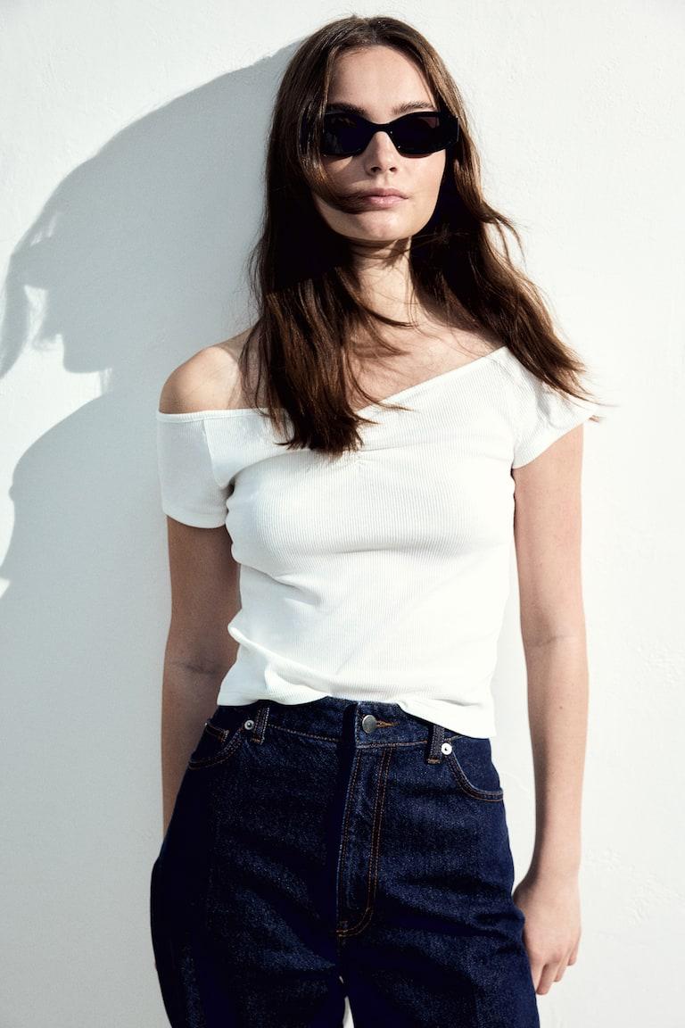 H&M Top De Canalé Con Escote Barco - Rojo - MUJER