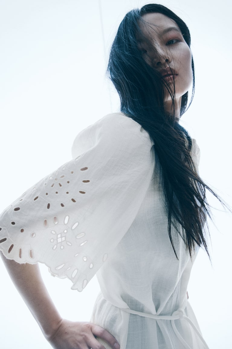 H&M Vestido Con Bordado Inglés - Blanco - MUJER