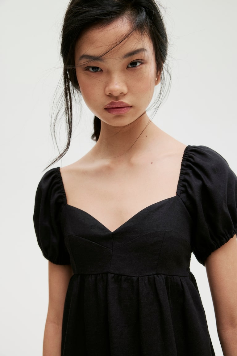 H&M Vestido Con Manga Puffy - Azul Claro/Rayas - MUJER