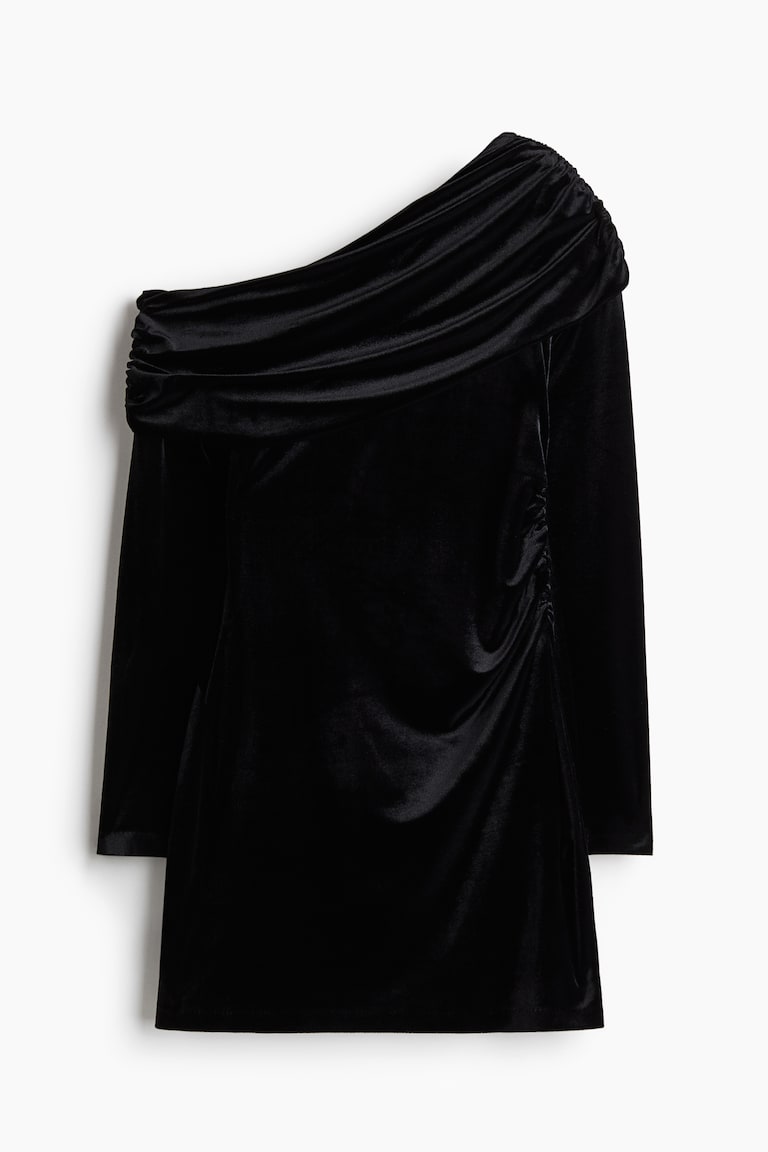 H&M Vestido De Un Hombro En Velour - Negro - MUJER