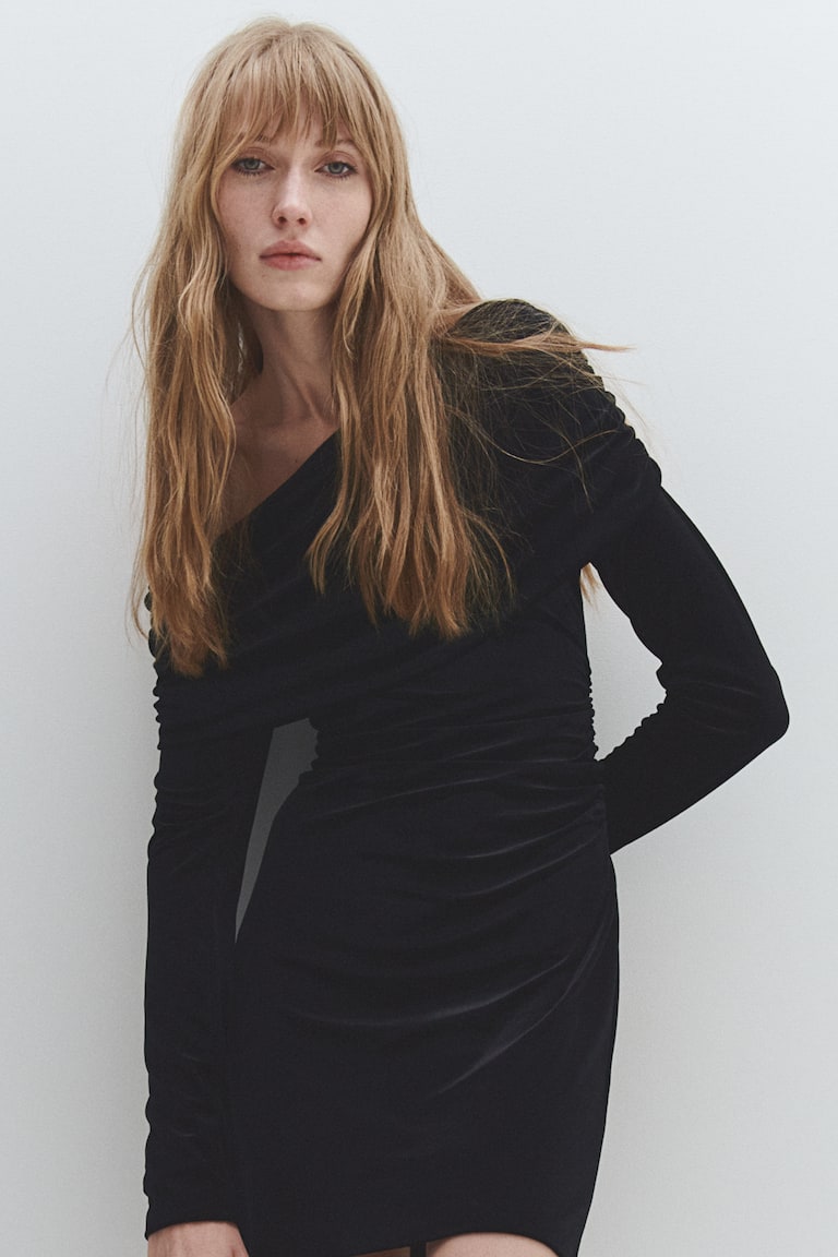 H&M Vestido de un hombro en velour - Negro - MUJER