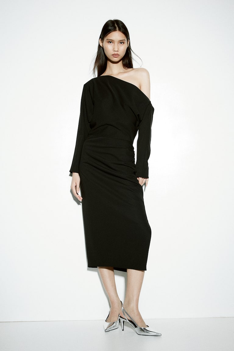 H&M Vestido drapeado de un hombro - Negro - MUJER