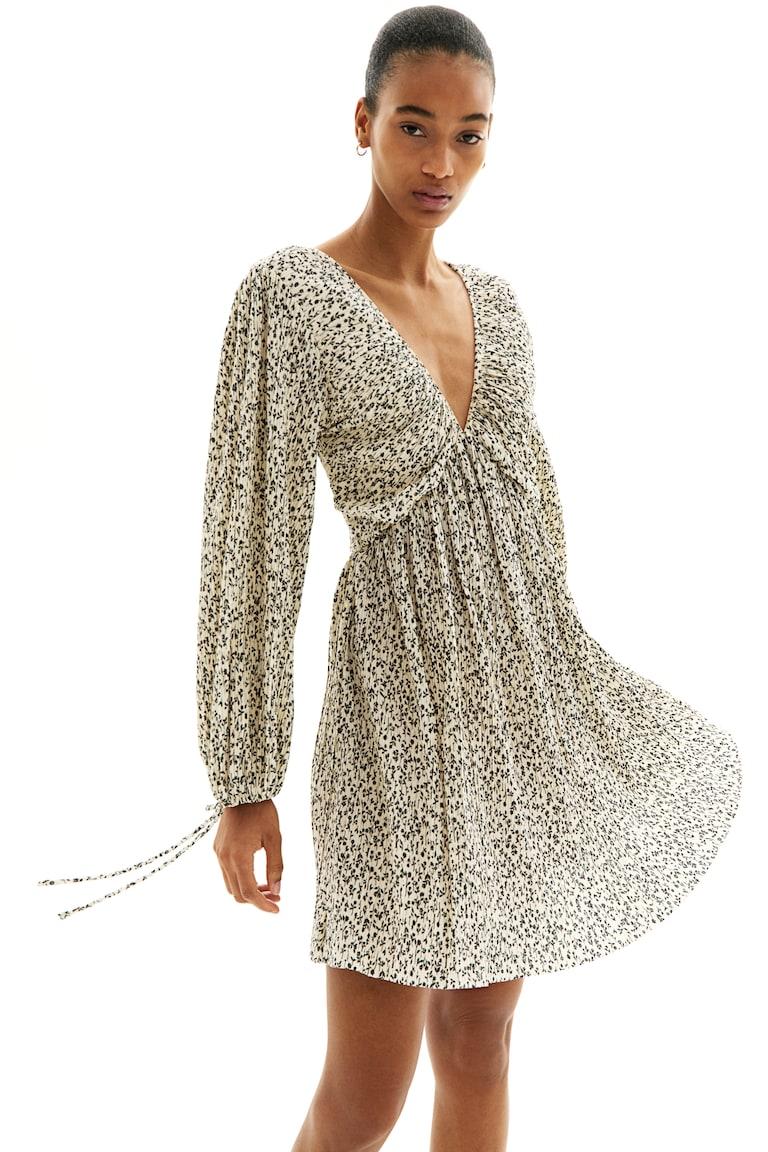 H&M Vestido plisado - Crema/Floral - MUJER