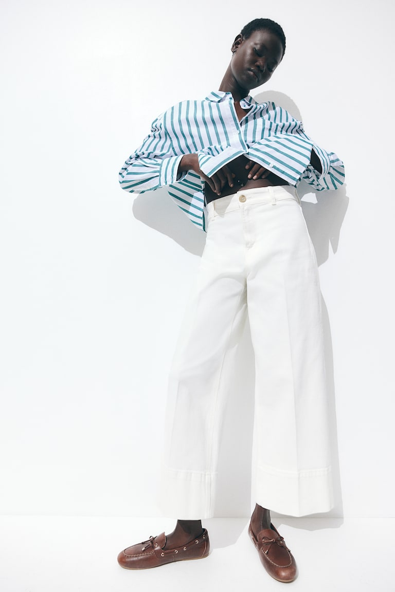 H&M Wide High Cropped Jeans - Azul Denim Claro - MUJER