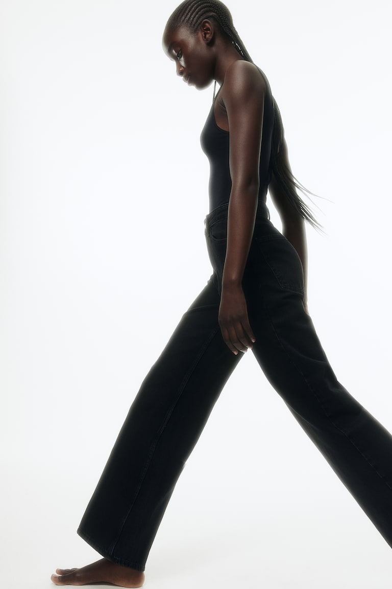 H&M Wide Ultra High Jeans - Beige Empolvado - MUJER