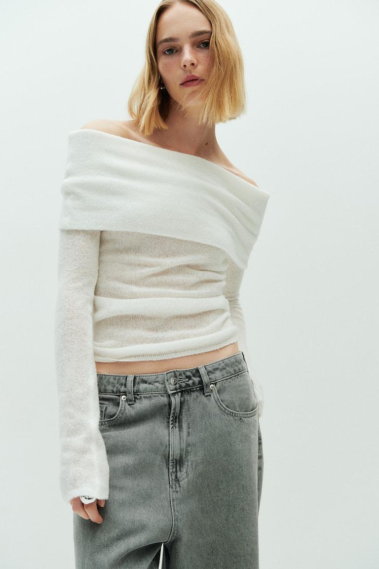 H&M Jersey Off-the-shoulder En Punto Transparente - Crema - MUJER