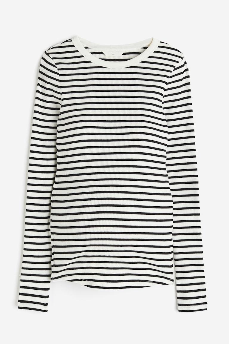 H&M MAMA Camiseta en punto de canalé - Blanco/Rayas azul empolvado - MUJER