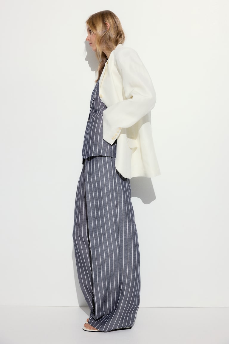 H&M Pantalón Amplio En Mezcla De Lino - Azul Marino/Rayas - MUJER