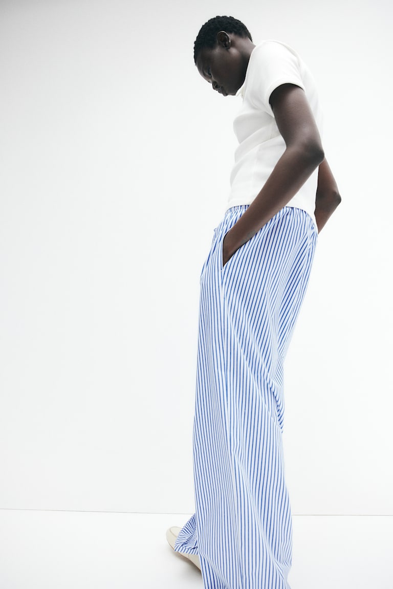 H&M Pantalón De Algodón Con Cordón De Ajuste - Blanco/Rayas Azules - MUJER