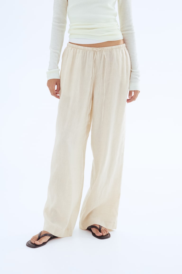 H&M Pantalón De Lino Con Cordón De Ajuste - Azul Marino - MUJER