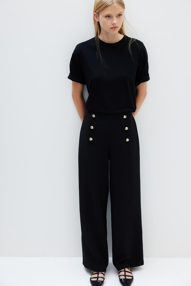 H&M Pantalón De Sarga Con Botonadura Frontal - Negro - MUJER