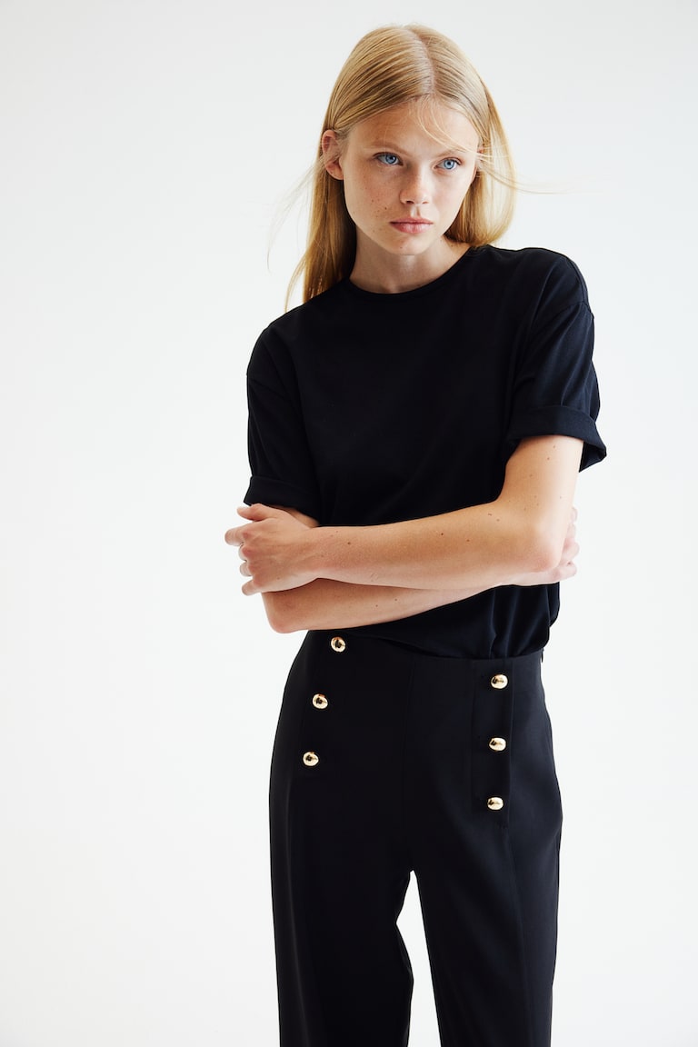 H&M Pantalón De Sarga Con Botonadura Frontal - Negro - MUJER