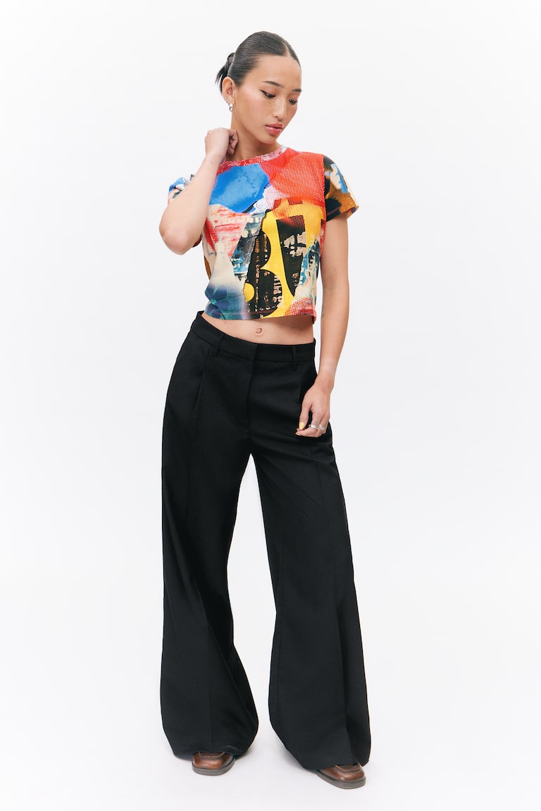 H&M Pantalón plisado de tiro alto y pernera ancha - A cuadros en gris - MUJER