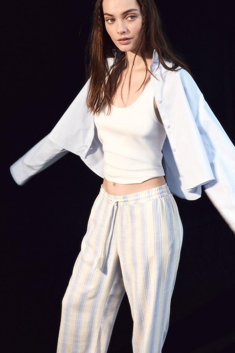 H&M Pantalón Recto Con Cordón De Ajuste - Azul Claro/Rayas - MUJER