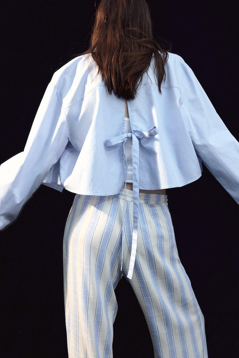 H&M Pantalón Recto Con Cordón De Ajuste - Azul Claro/Rayas - MUJER