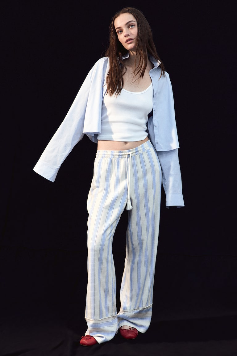H&M Pantalón recto con cordón de ajuste - Azul claro/Rayas - MUJER