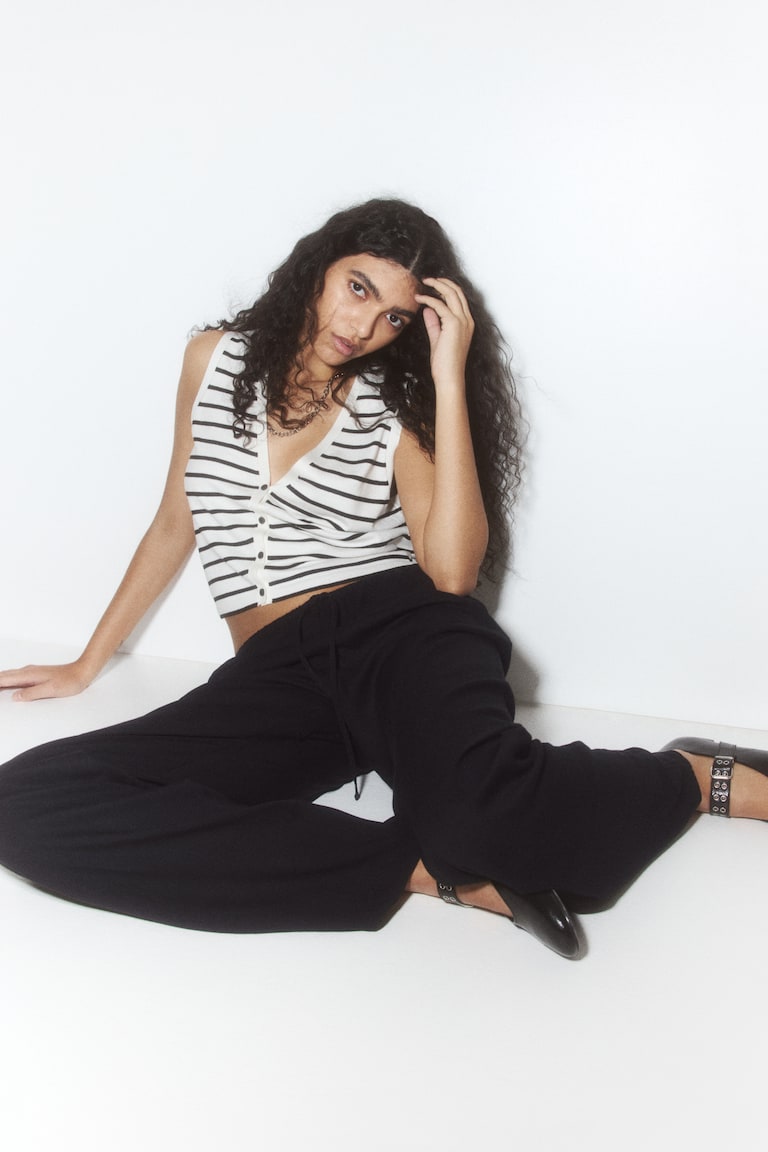 H&M Pantalón Recto Con Cordón De Ajuste - Crema/Rayas - MUJER