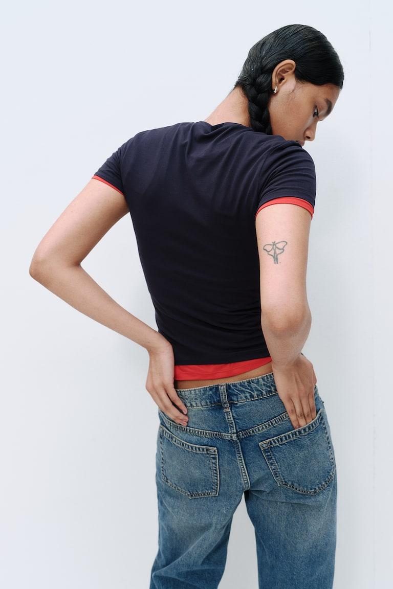 H&M Straight Low Jeans - Negro Efecto Descolorido - MUJER