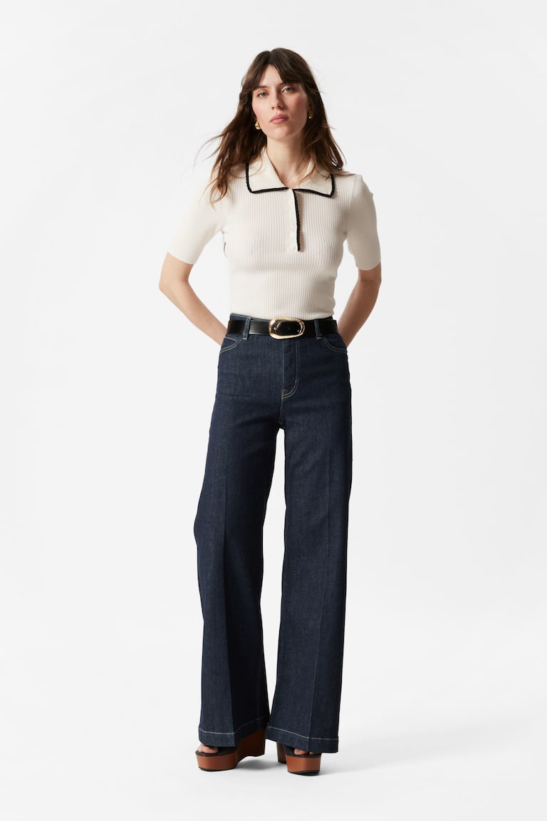 H&M Top De Punto De Canalé Con Bordes Ondulados - Azul Claro - MUJER