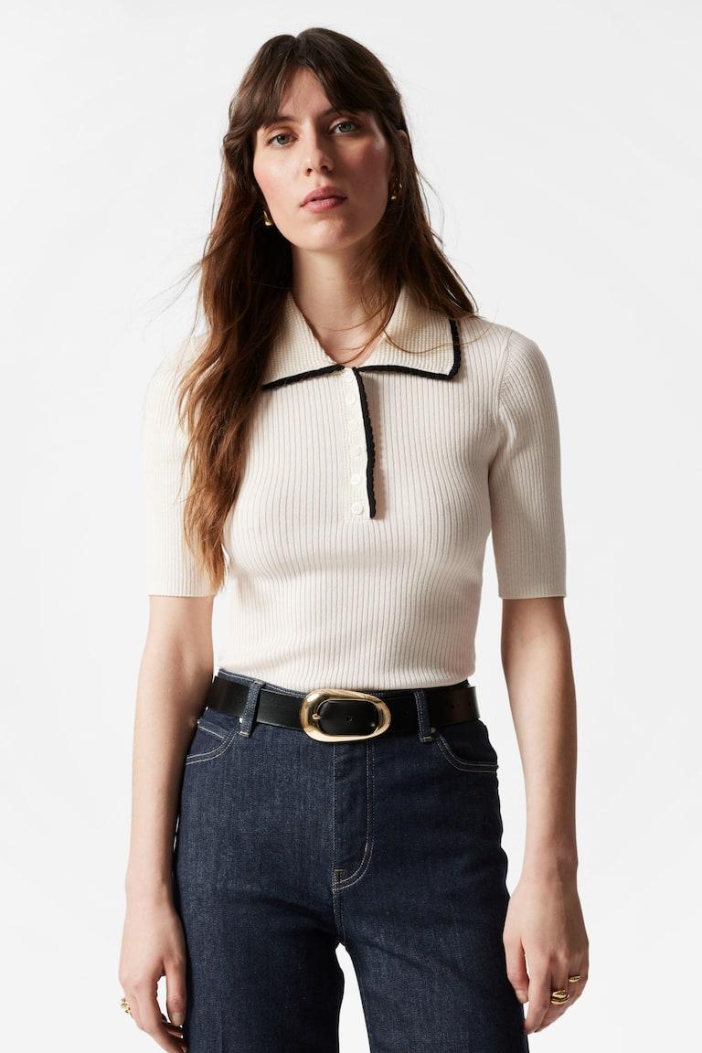 H&M Top de punto de canalé con bordes ondulados - Crema - MUJER