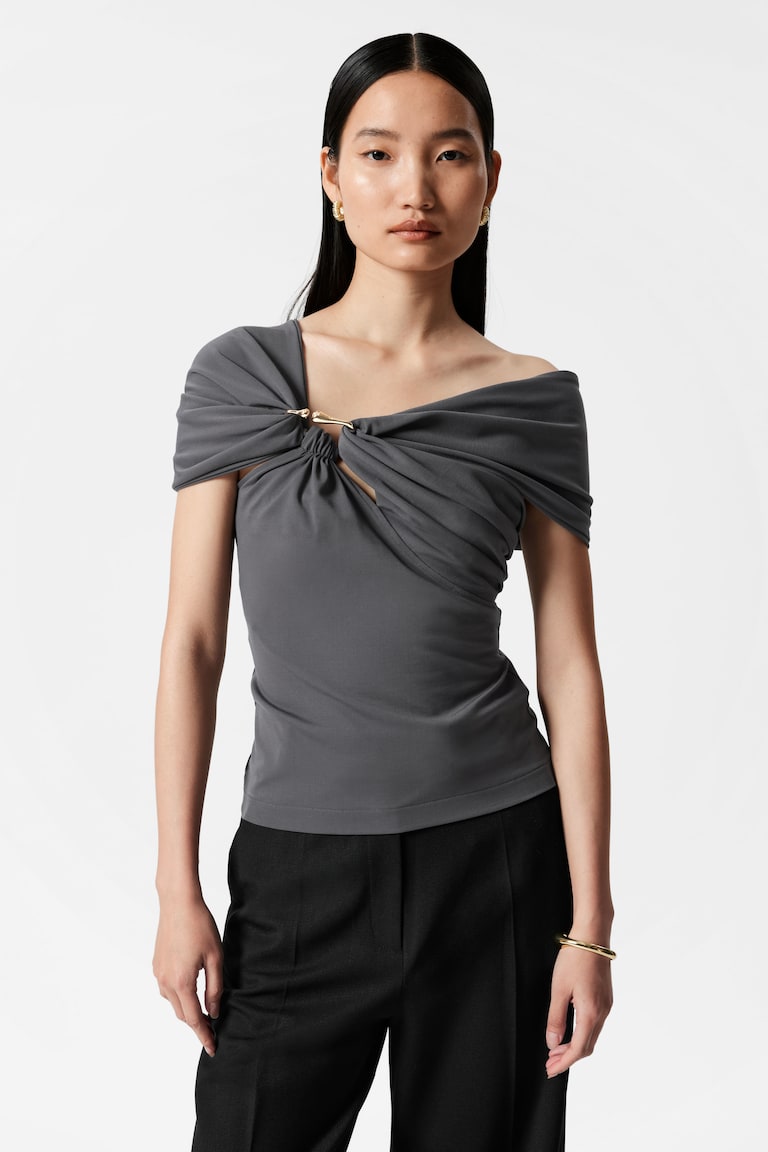 H&M Top drapeado con hombros descubiertos - Gris - MUJER