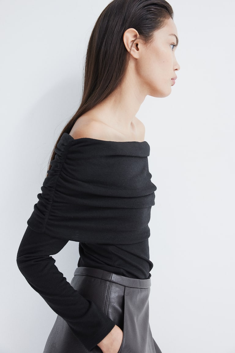 H&M Top Off-the-shoulder - Gris Oscuro Jaspeado - MUJER