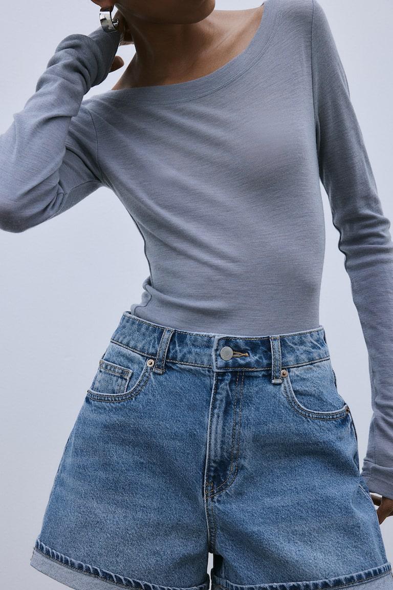 H&M Vaquero Corto De Talle Alto - Azul Denim Claro - MUJER